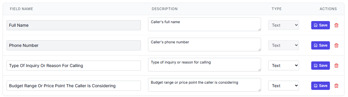 AI Receptionist Fields
