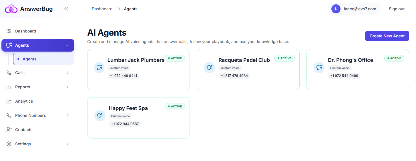 AnswerBug dashboard showing how telephone answering services can manage multiple AI answering service clients