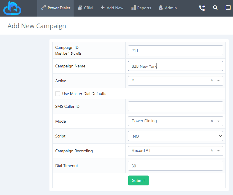 Creating a new call center campaign in Dolphin Power Dialer